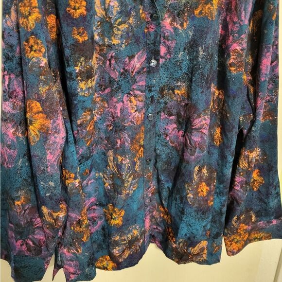 Catherines Blue Gold Abstract Floral Long Sleeve Button Up Blouse, Plus Size 4X - Picture 4 of 8